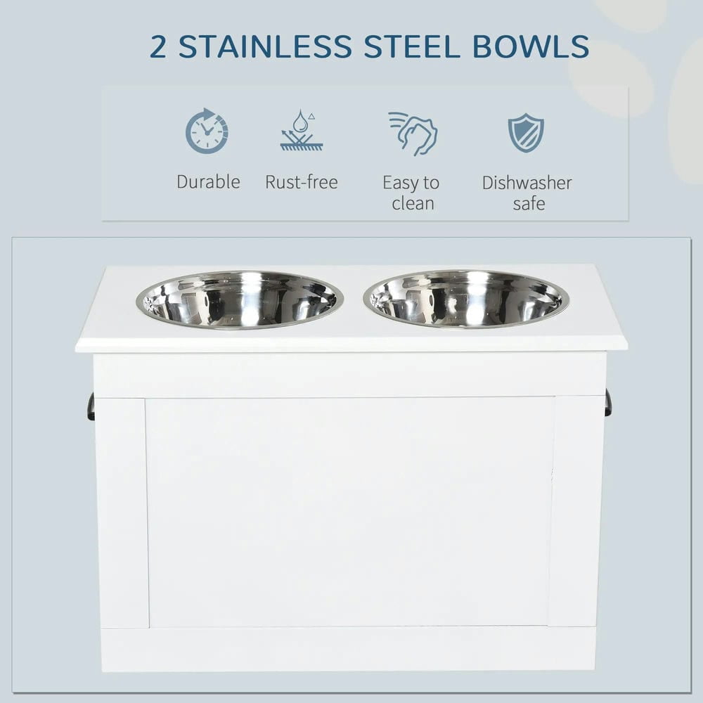 Resenkos Dog Bowls Holder,Dog Food Bowls,Raised Pet Feeding Storage Station with 2 Stainless Steel Bowls Base, White