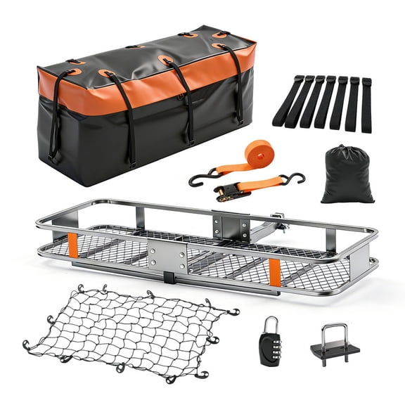 Gianna Folding Hitch Mount Cargo Carrier Basket (60.5''×21.1''×6'') with 16 Cu Ft Waterproof Cargo Bag, 500 Lbs Capacity - Includes Hitch Stabilizer, Cargo Net and Straps