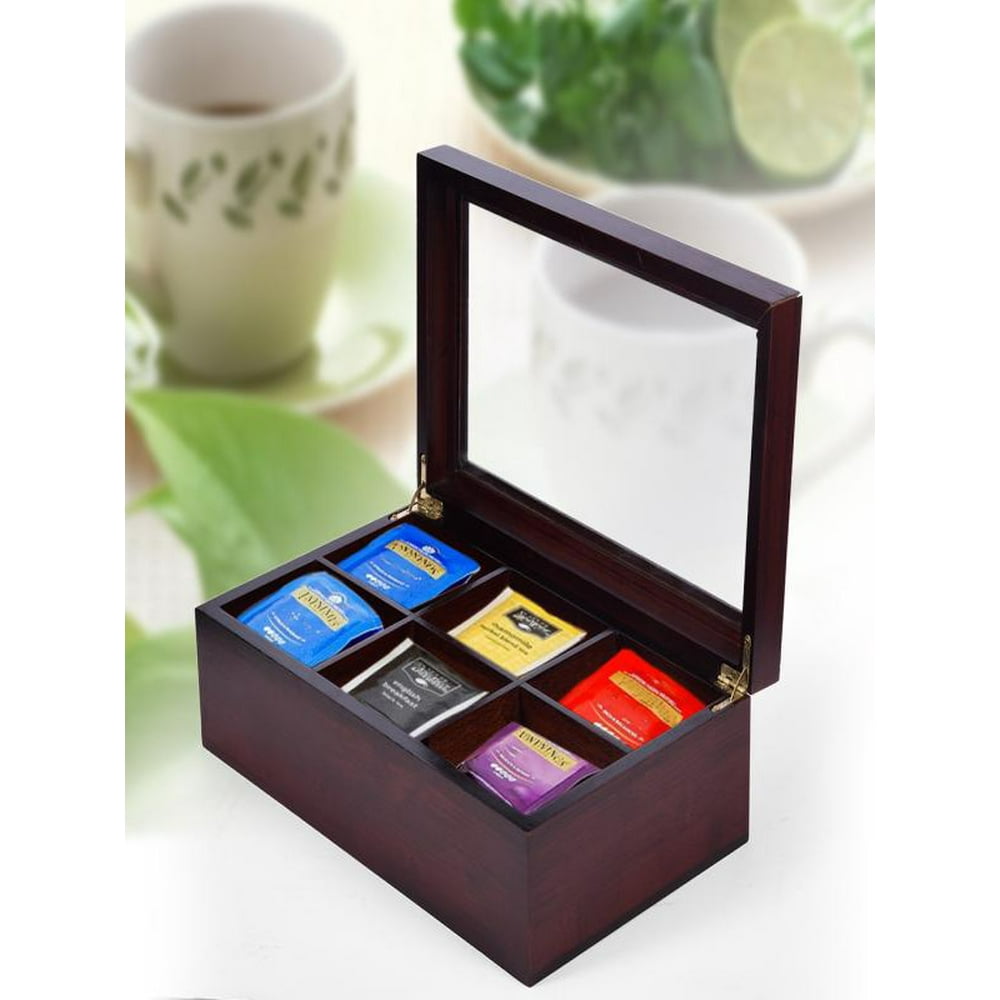 Bamboo Tea Box Organizer Chest 6 Compartments With Small Drawer Tea Storage Bag