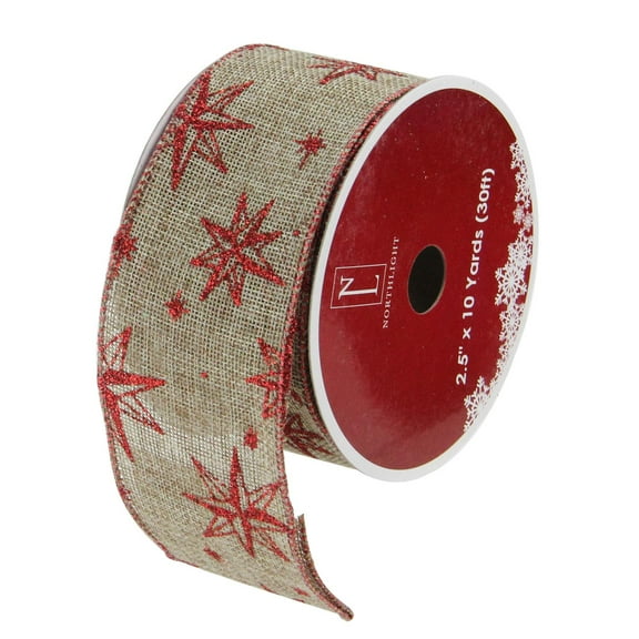 Star & Beige Burlap Wired Christmas Craft Ribbon