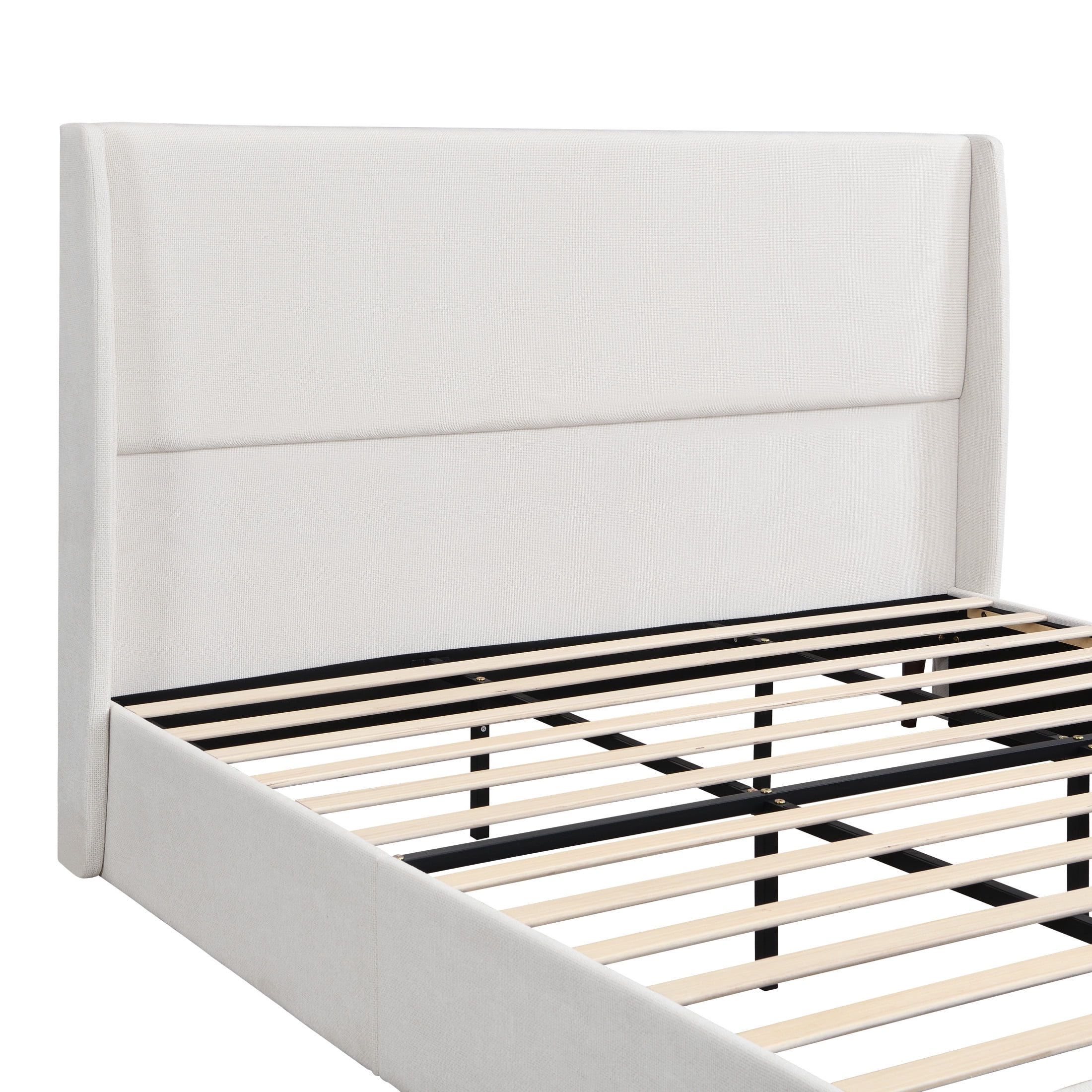 GDF Studio King Size Upholstered Bed with Chenille Fabric, High Headboard and 12-Slat Support, Beige
