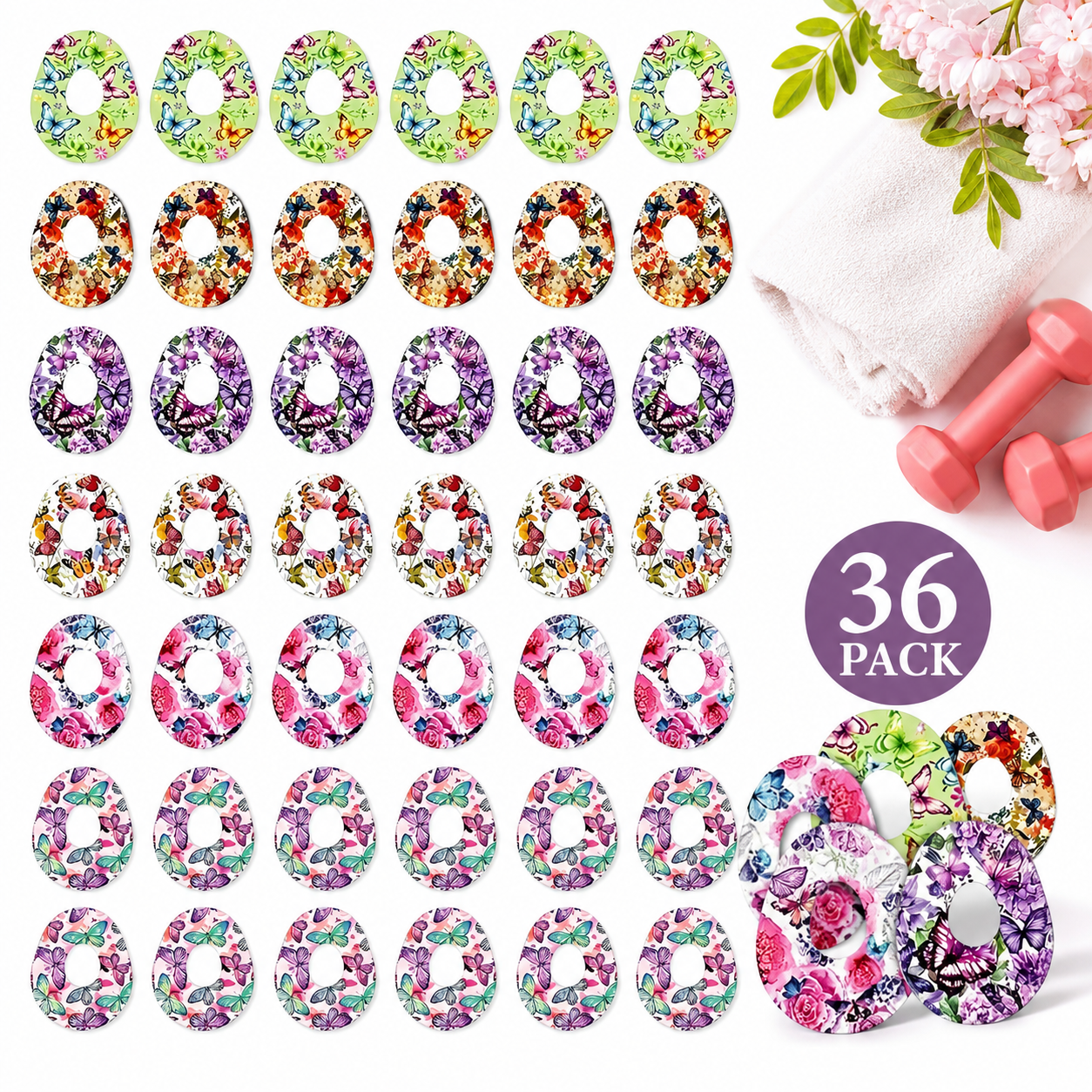 36 Pcs Colored Butterfly Pattern Sports Protection Patches for Dexcom G7 & CGM, Sweat-Proof, Waterproof, Long-Lasting Adhesive Patches for Glucose Monitoring, for Fitness, Swimming & Workouts