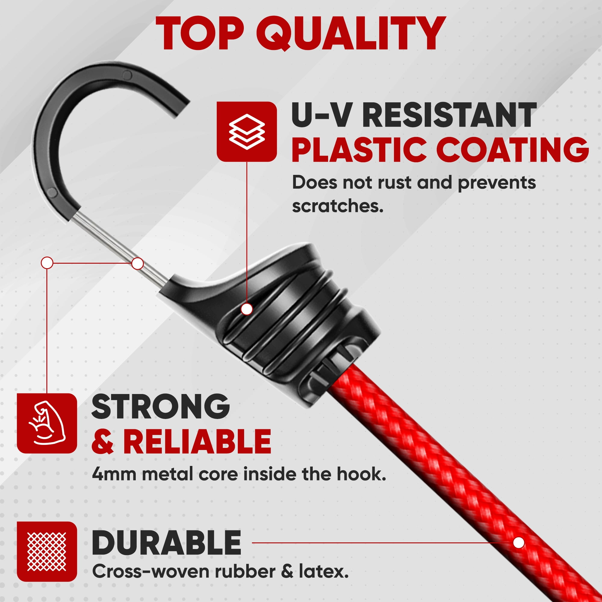 FORTEM Bungee Cord Assortment, 32pk Bungee Cords Multi Pack, Includes 10", 18", 24", 32", 40" Bungees and 8" Canopy/Tarp Ball Ties, Plastic Coated Metal Hooks