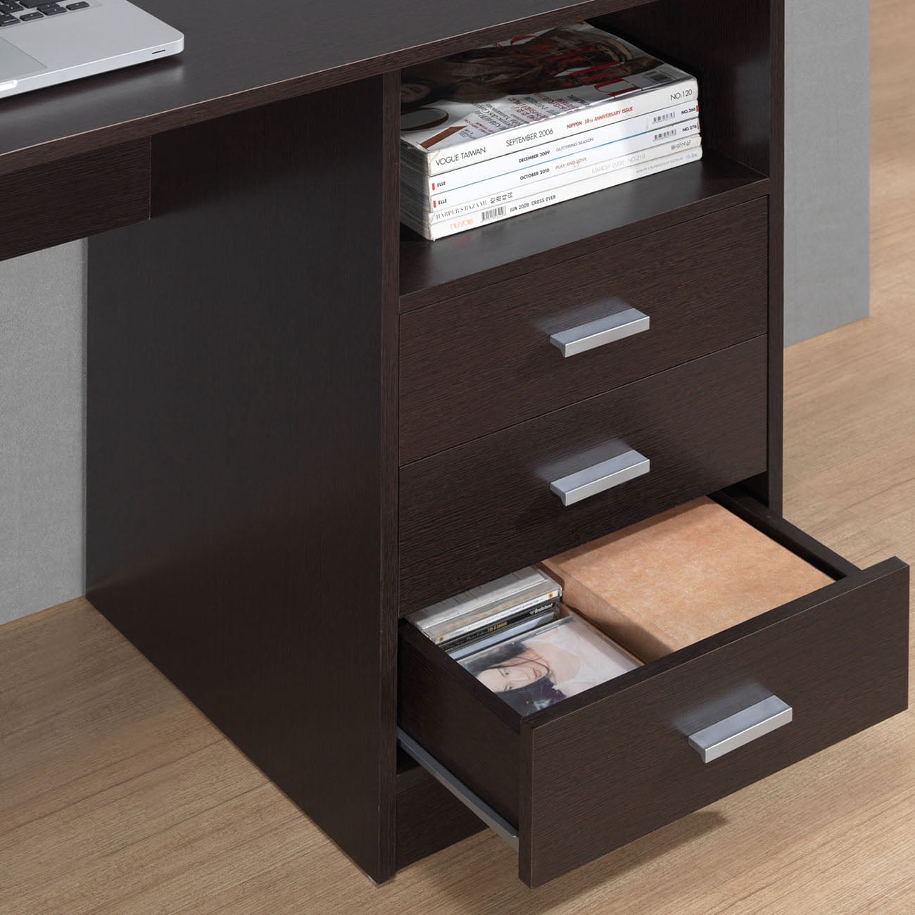 Classic Computer Desk with 3 Storage Drawers, Moisture Resistant Particleboard Workstation with Side Shelf, Multi-Purpose Drafting Table for Home Office