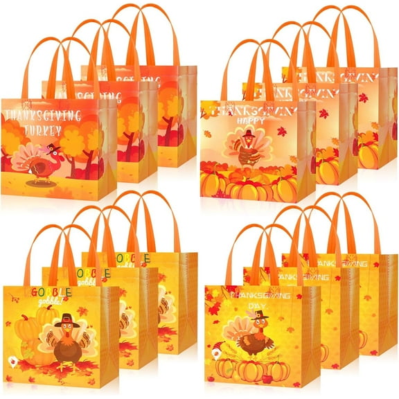 HOWAF 12pcs Thanksgiving Day Fall Non-Woven Bags, Thanksgiving Turkey Gift Bags with Handle, Happy Thanksgiving Party Decoration Favor Reusable Treat Bags Candy Bags