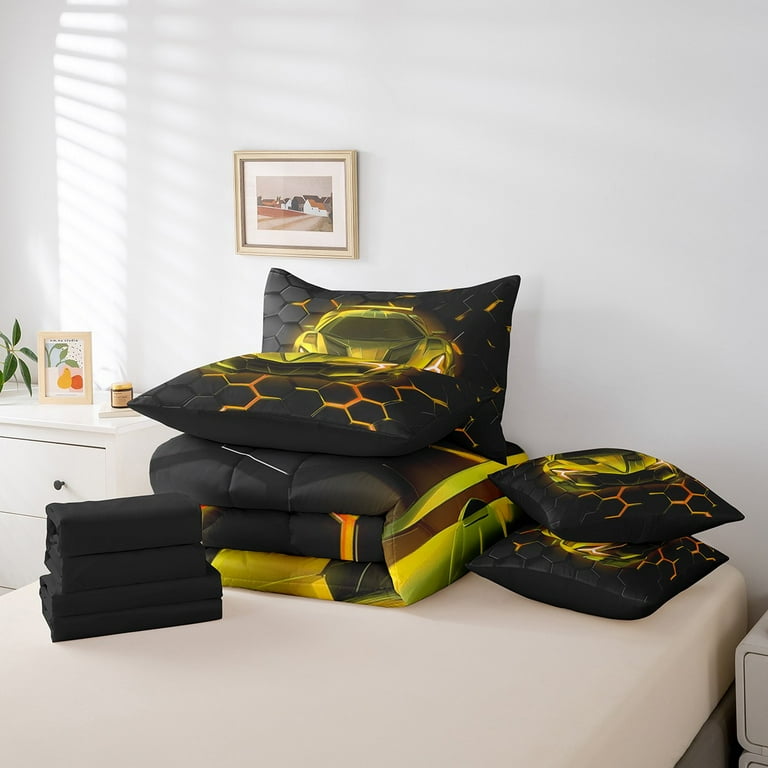 Race Car Honeycomb Twin Comforter Set For Boys - Blue, Neon Lights & Sport Car Design