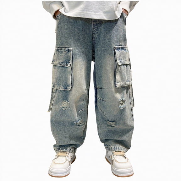 TOWED22 Boys Baggy Jeans Straight Wide Leg Cargo Jeans Vintage Elastic Waist Denim Pants Y2K Streetwear with Pockets Fall Winter(Navy,13-14 Y)