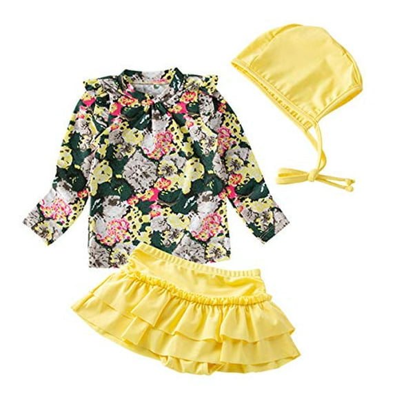 Styles I Love Toddler Little Girls Floral Print Rash Guard and Ruffle Bottoms with Swim Hat 3pcs Swimsuit Beachwear (Yellow, 7)