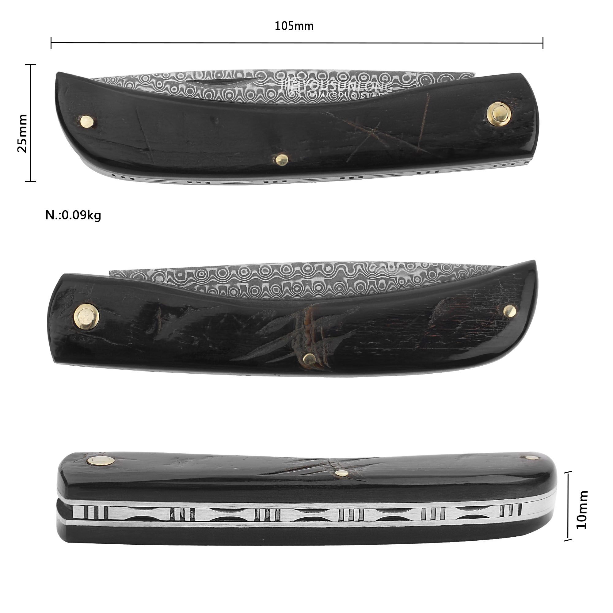 YOUSUNLONG Folding Knife - Pocket Knife Overall 190mm Japanese Damascus Steel Blade Natural Buffalo Horn Handle