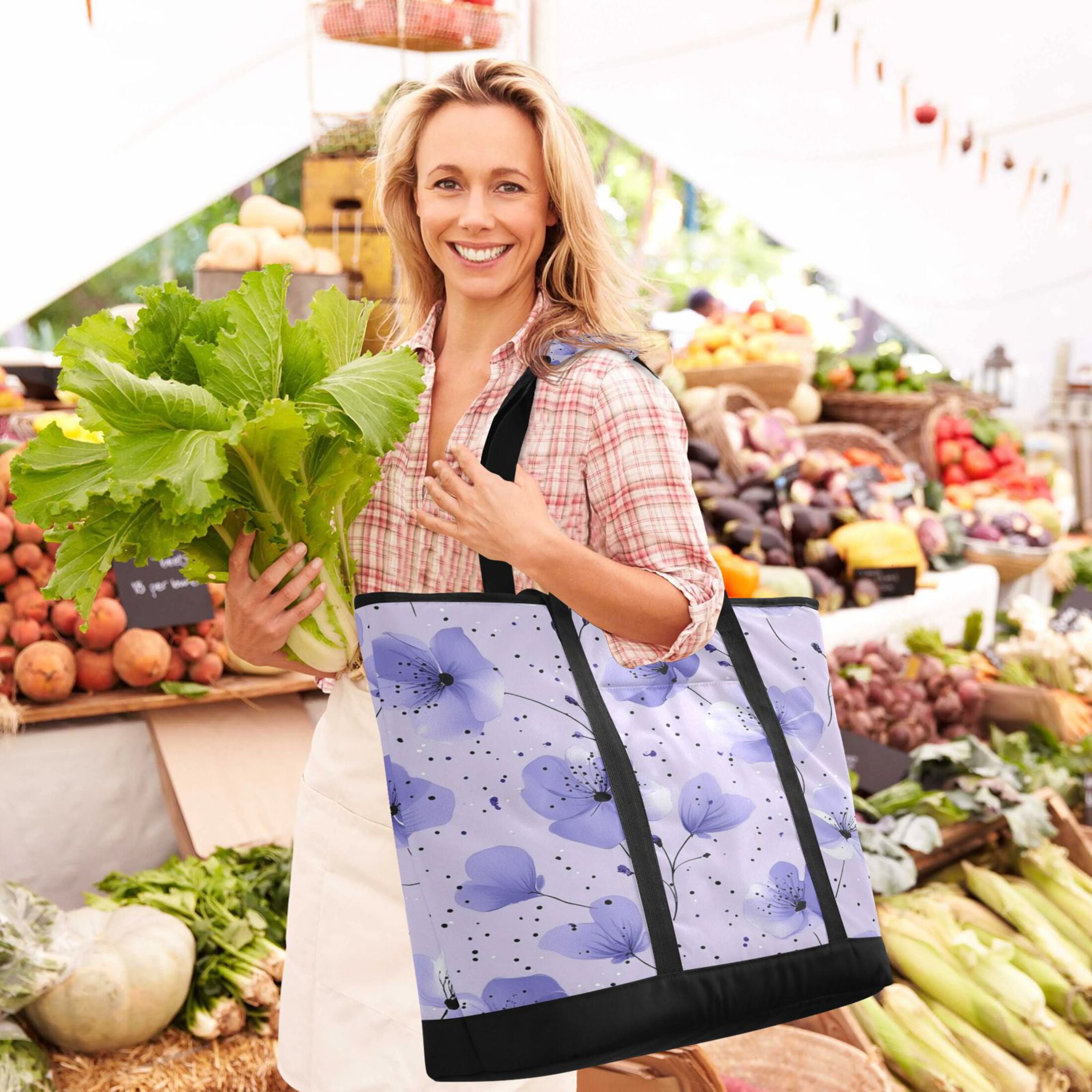 Large Hand-held Ice Pack Picnic Bag Insulation and Refrigeration Suitable for Shopping Picnics and Camping Colorful Blue Flower