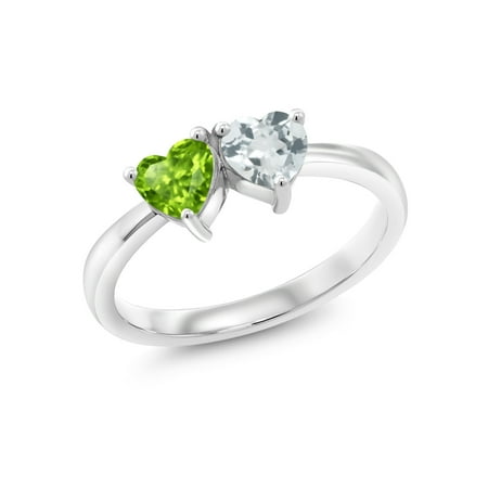 - 0.88 Ct Heart Shape Green Peridot Sky Blue Aquamarine 925 Sterling Silver Ring