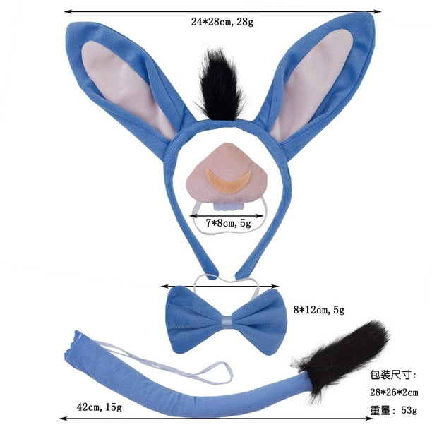 KAKOWELY 1 juego de diademas de burro con cola, pajarita y nariz, accesorios para disfraz de animal para Halloween, Navidad, Pascua, cumpleaños y fiestas.