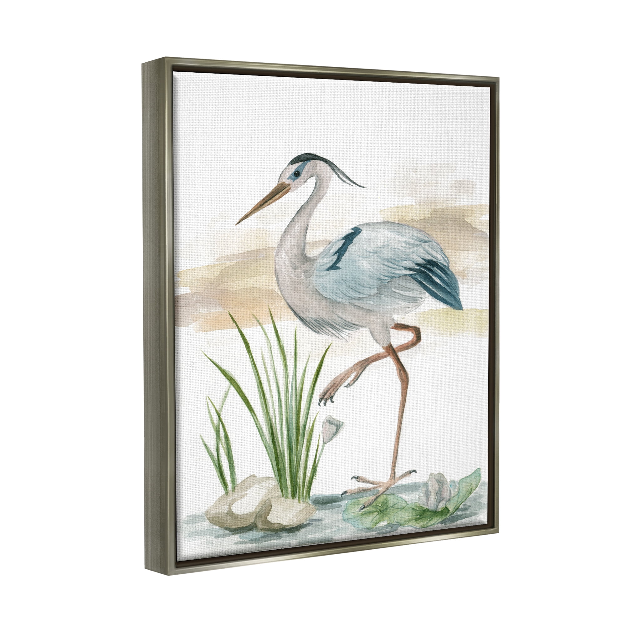Stupell Industries Heron on Pond Painting Animals & Insects Painting Gray Floater Framed Art Print Wall Art, 25 x 31