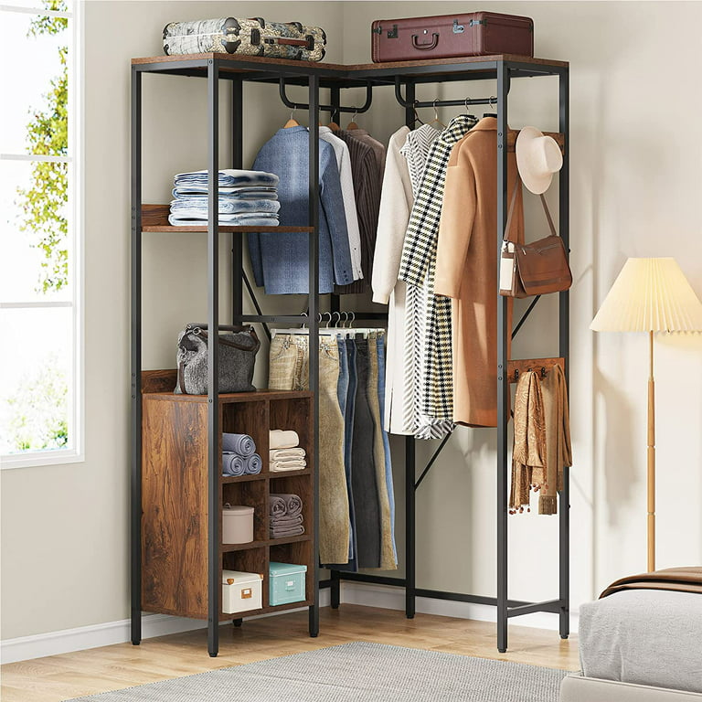 Tribesigns Cynthia Rustic Brown Garment Rack L-Shaped Freestanding Clothes  Rack with Storage Shelves and 4-Hanging Rods TJHD-QP-0226 - The Home Depot