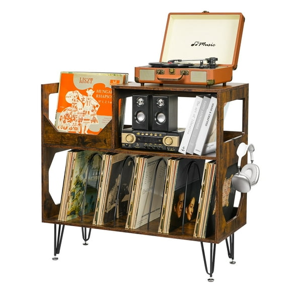 Rustic Record Player Stand 2-Tier Vinyl Record Storage Shelf Large