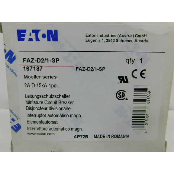 Eaton/Cutler Hammer FAZ-D2/1-SP Supplementary Protector 2 Amp 277 Volt AC 48 Volt DC 1-Pole DIN Rail Mount