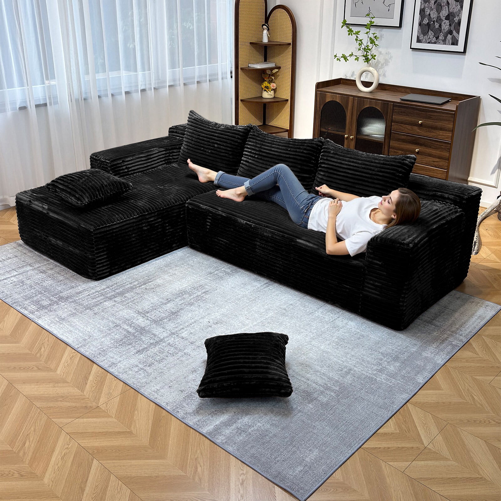 Kelyda 104'' Modular L-Shaped Sectional Sofa, Modern Memory Foam Deep Seat Corduroy Boneless Cloud Couch Black