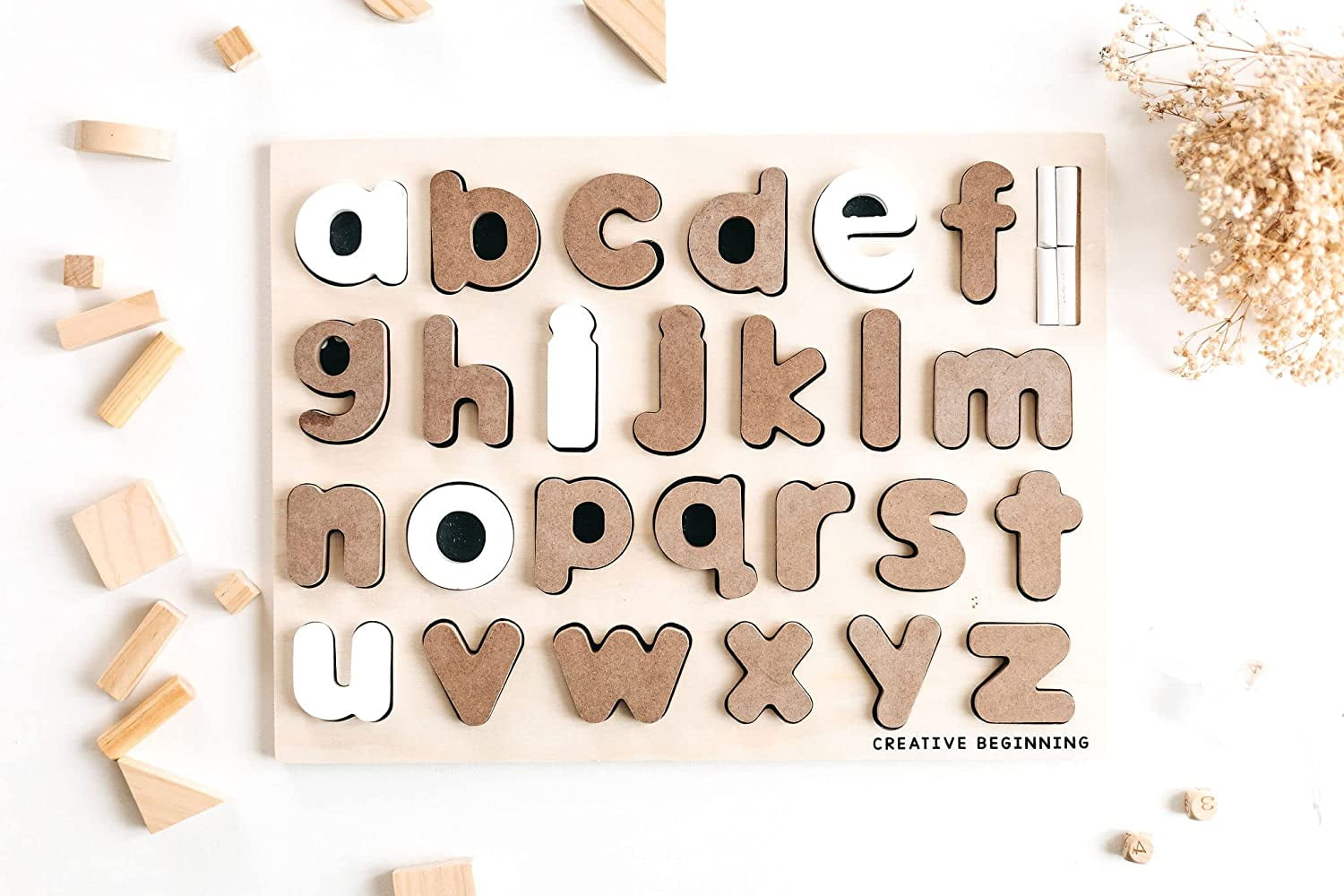 Creative Beginning Wooden Lowercase Alphabet Puzzle for Kids Ages 3-5 with Tracers & Chalkboard Base, ABC Learning Blocks Printing and Letter Matching Educational Toy