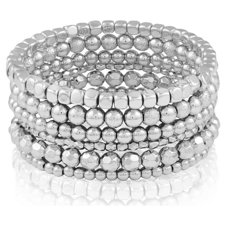 Time and Tru Women's Silver-Tone Beaded Stretch Bracelet Set, 6-Piece