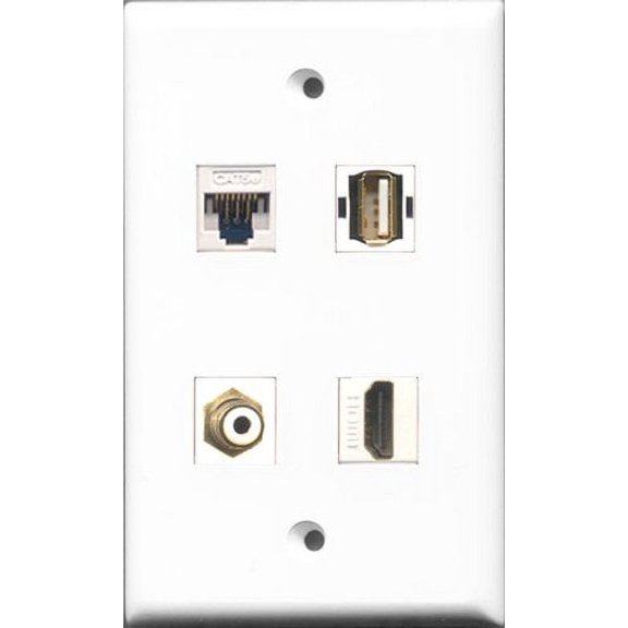 RiteAV 1 Port HDMI and 1 Port RCA White and 1 Port USB A-A and 1 Port Cat5e Ethernet White Wall Plate