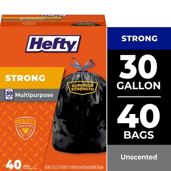 Hefty Strong Large Trash Bags, Black, Made with 20% Post-Consumer Recycled Materials, 30 Gallon, 40 Count