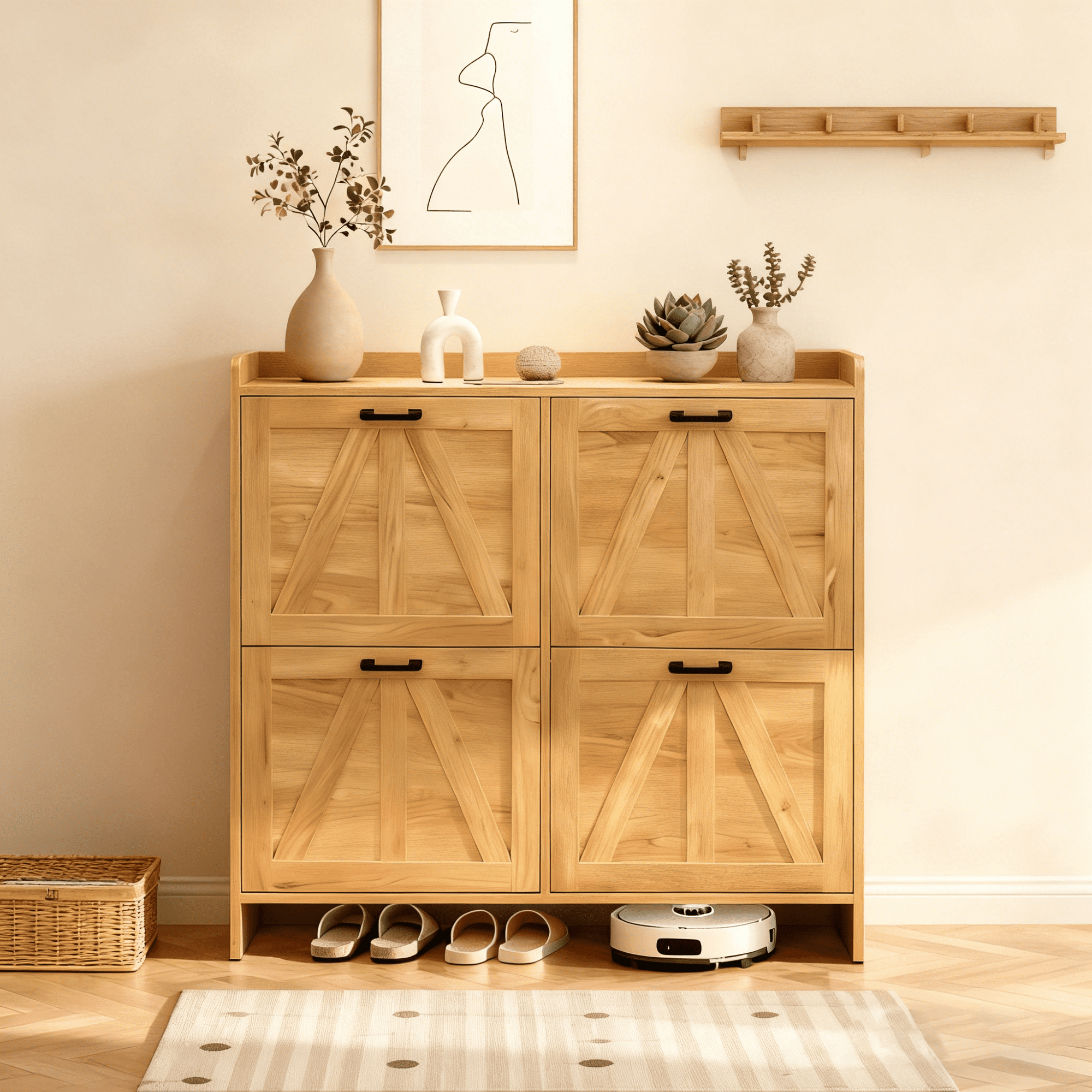 Leumius Modern Fence Shoe Cabinet with 4 Flip Drawers, Sleek Space-Saving Entryway Organizer for Living Room Oak
