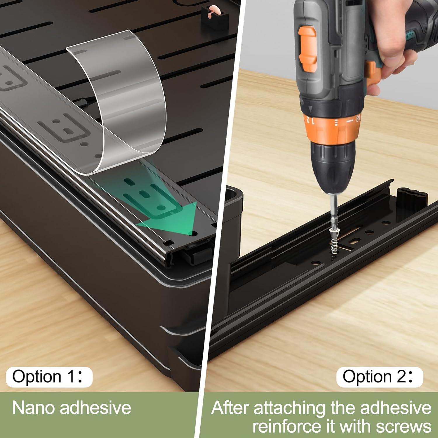 2 Pcs Pull Out Cabinet Organizers Expandable (11.6''-17.5''), Plastic Slide Out Drawers for Kitchen, Bathroom, Pantry, Under Sink, Pull Out Drawers Fixed with Adhesive Nano Film (Black)