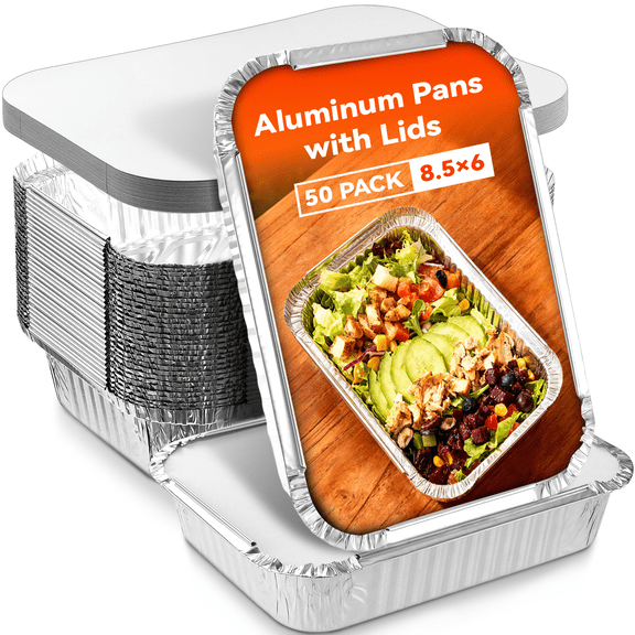 8.5"×6"Aluminum Pans with Lids，2.25lb Tin Foil Pans for Baking Cooking Food and Storage Container，50 Count