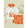 thumbnail image 2 of Bslissey Toddler Little Girls 3Pcs Summer Outfits Short Sleeve Letter Print T-shirt Tops + Dot Shorts + Bow Headband Sets Infant Casual Cute Clothes 12M 18M 24M 3T 4T 5T, 2 of 9