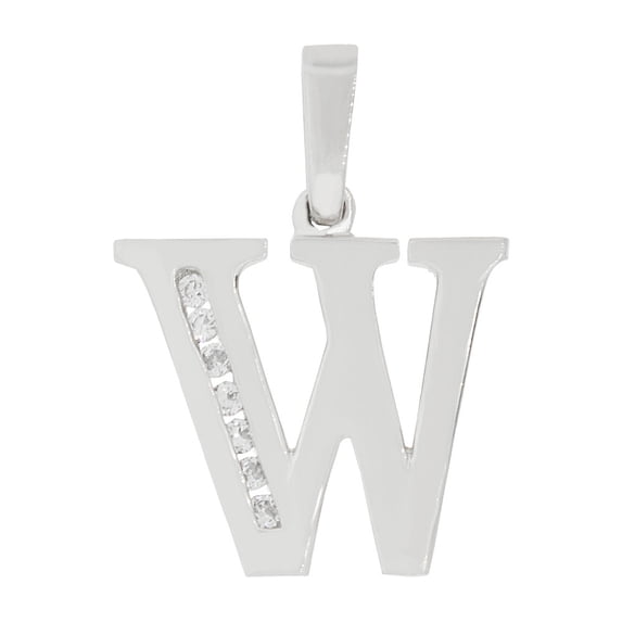 14k Gold White Rhodium, Initial Capital Letter W Pendant Charm Created CZ 15mm Wide with 20" Dainty Neck Chain
