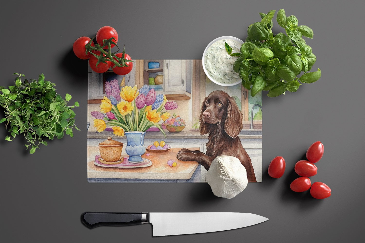 Decorating Easter Boykin Spaniel Glass Cutting Board 12 in x 15 in