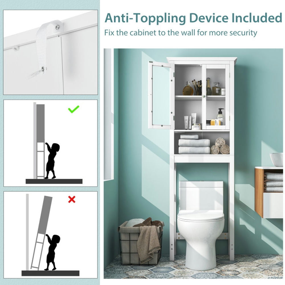 Finihen Toilet Storage Cabinet, Bathroom Cabinet Organizer, Over the Toilet Storage Cabinet with Double Tempered Glass Doors, for Bathroom, White