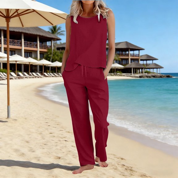 Pounoo Linen Outfits for Women Sleeveless Top And Drawstring Pants Two Piece Sets Soft Daily Style Lightweight Breathable Relaxed-Fit Outfits Gift