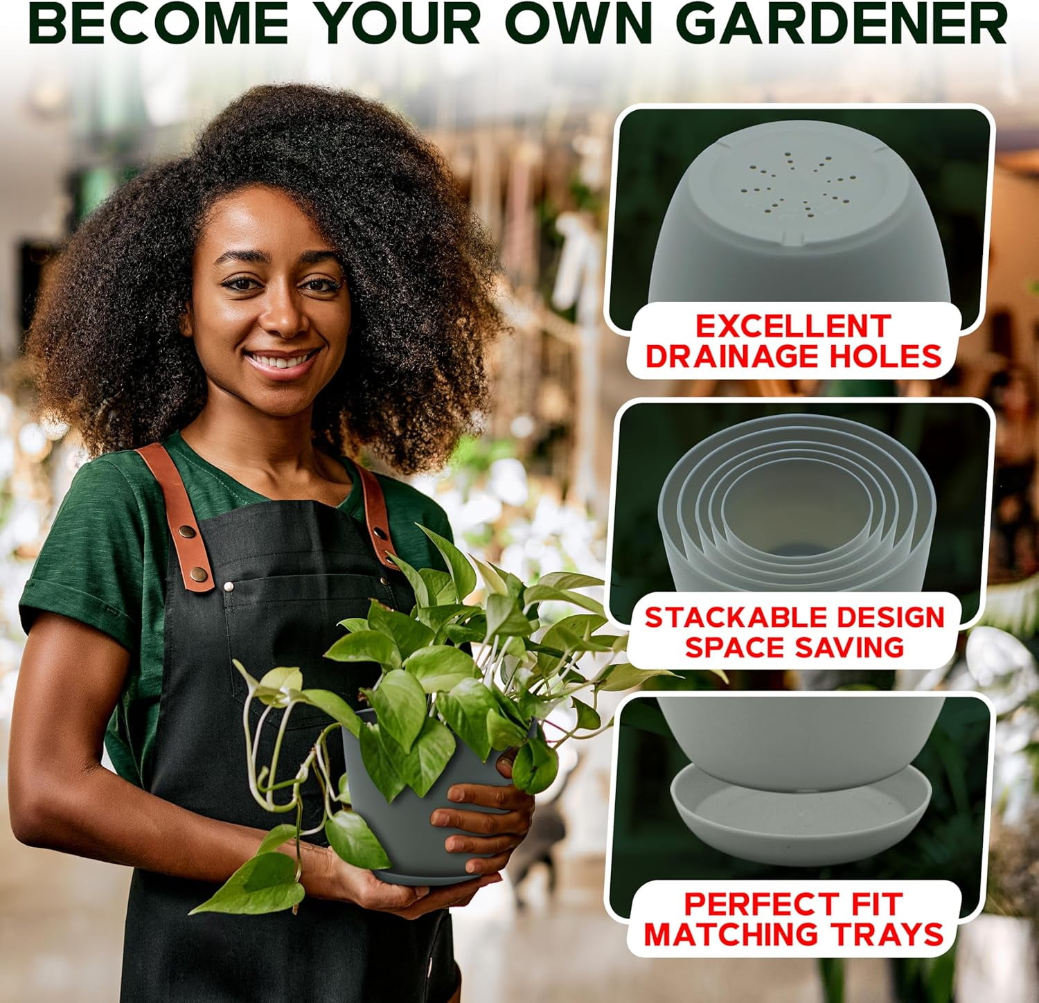 Campior Plastic Plant Pots with Drainage, Stackable Design for Indoor/Outdoor Use, Pack of 5, Gray