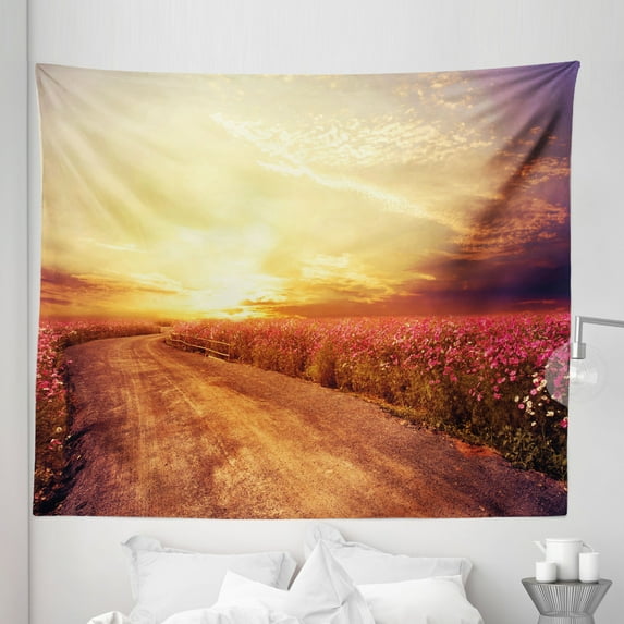 Scenery Tapestry, Floral Theme Landscape of Cosmos Flower Field in Sky Sunset Illustration, Fabric Wall Hanging Decor for Bedroom Living Room Dorm, 5 Sizes, Orange and Yellow, by Ambesonne