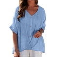 thumbnail image 2 of IROINNID Discount Fall Shirts for Women Long Sleeve V-Neck Loose Fit Cotton And Linen Button Down Shirts Spring Casual Blouse,Blue, 2 of 8