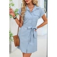 thumbnail image 6 of Women'S Solid Color Casual Button Down Tie Waist Woven Dress Midi Shift Summer Dress Blue L, 6 of 9