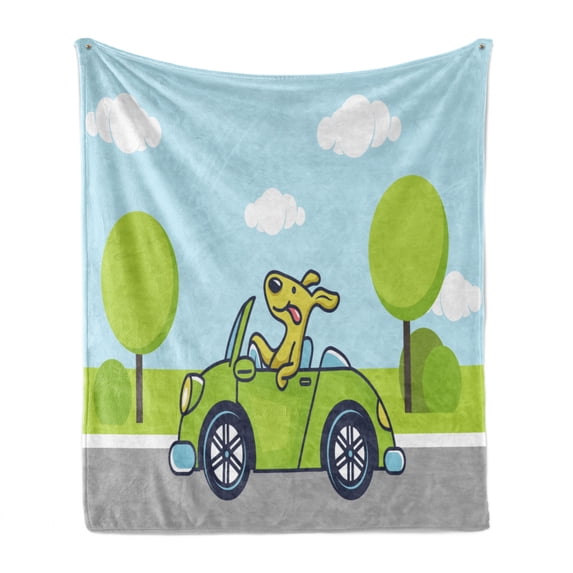 Dog Driver Soft Flannel Fleece Blanket, Puppy on the Road Car Jack Russell Journey Terrier Speed Race Cartoon, Cozy Plush for Indoor and Outdoor Use, 70" x 90", Baby Blue Lime Green, by Ambesonne