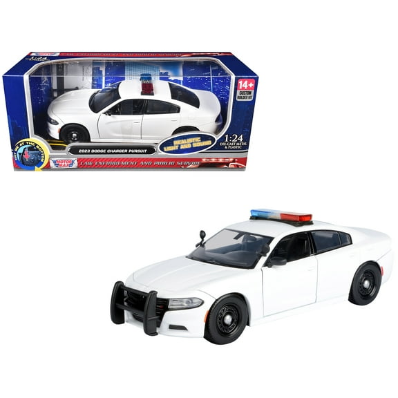 2023 Dodge Charger Pursuit Police Car Unmarked White w/Light Bar Front & Rear Lights & Sounds 1/24 Die Cast Model Car by Motormax