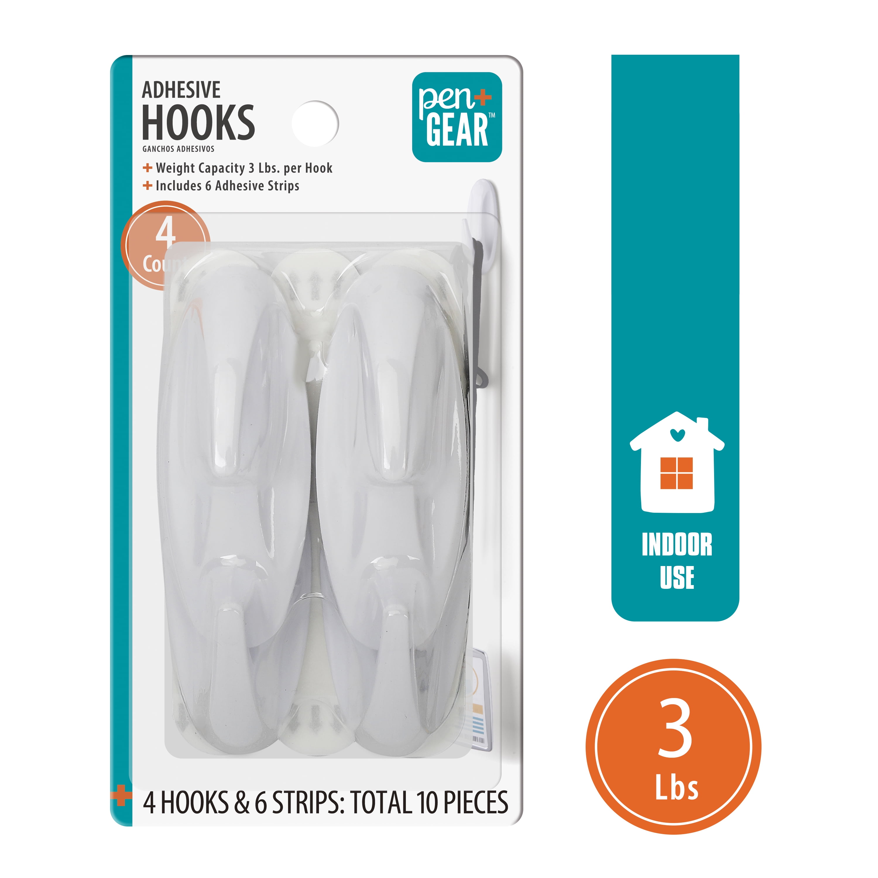 (4 pack) Pen+Gear Plastic Adhesive Medium Wall Hooks, Damage Free, White, 4 Count