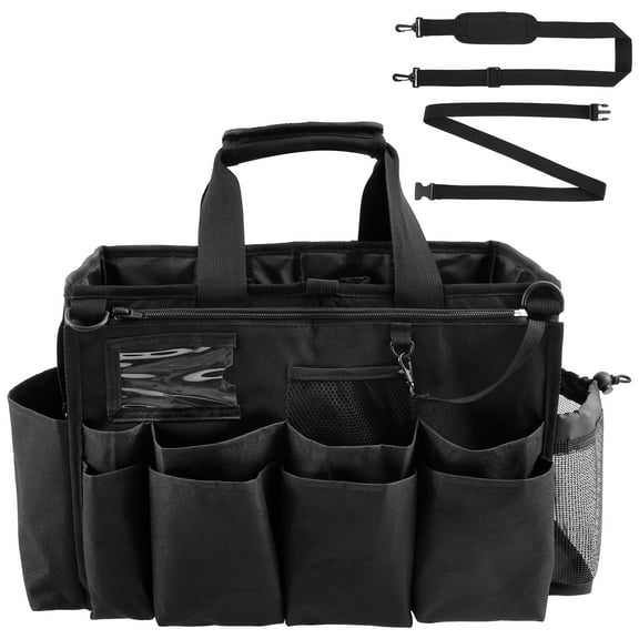 Large Wearable Cleaning Caddy Bag with 4 Foldable Dividers for Cleaners & Housekeeper with Handle & Adjustable Shoulder Straps