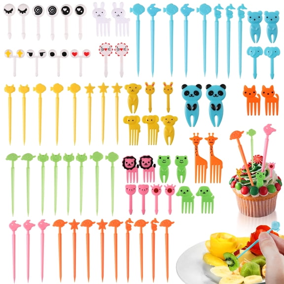 Naiovety Palillo de dientes de comida de dibujos animados para niños, tenedor de fruta de plástico elegante, seguro y duradero, 76 piezas Mostrada