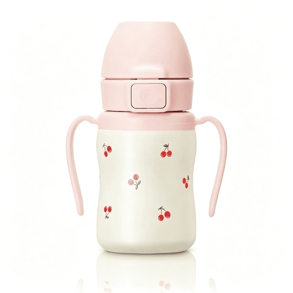NORIZF Stainless Steel Baby Straw Cup,Spill-Proof,12M ,6Oz (Cherry) | Stage 2 | Top | Insulated Vacuum Sippy Cup | Babies & Toddlers | Rotating Handles | Silicone Straw | Bpa-Free | 200Ml