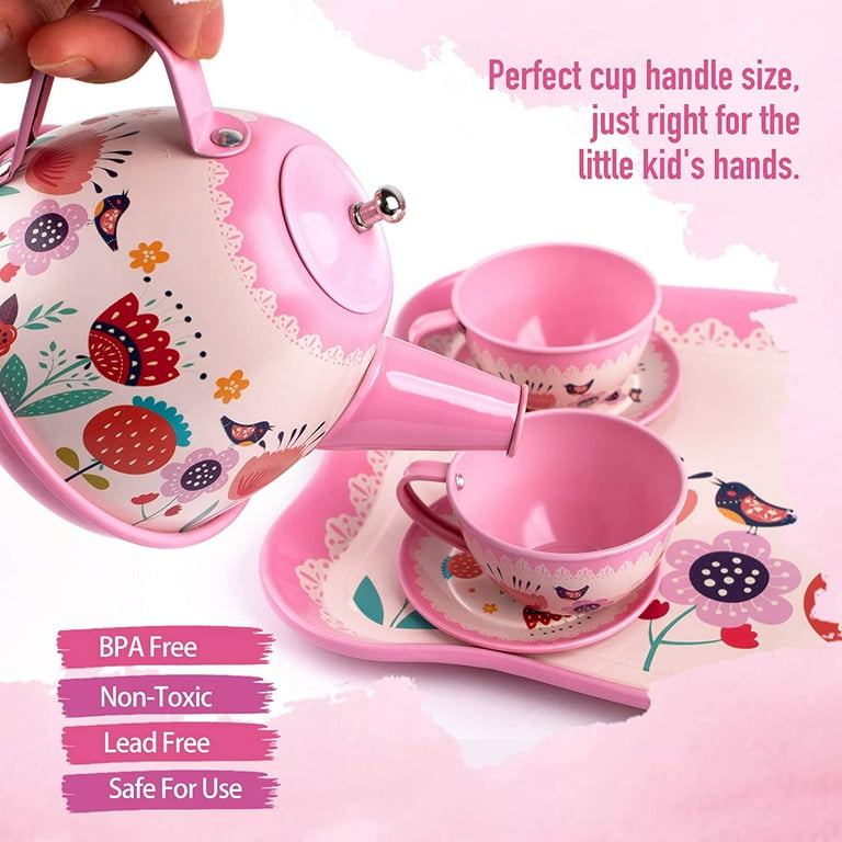 D-FantiX Kids Tea Set 15Pcs Pink Tin Tea Party Pretend Play Set