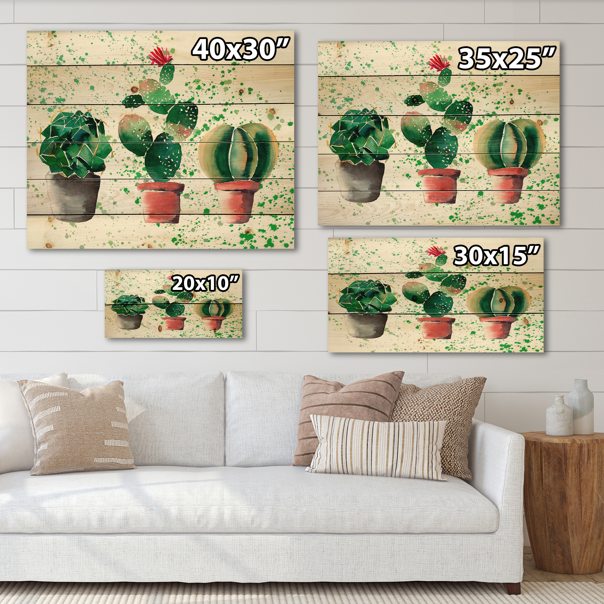 Designart 'Three Cacti In Clay Pots With Green Dots' Botanical Print on Natural Pine Wood