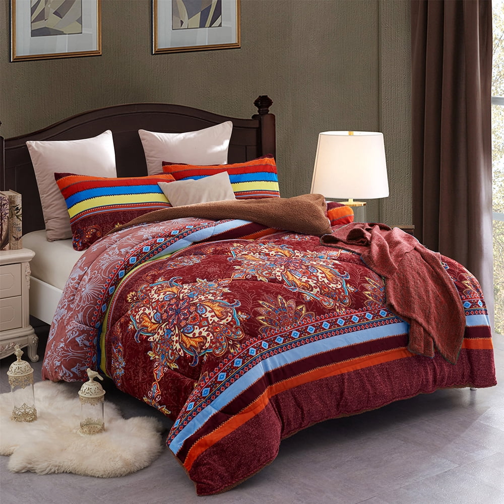 Heavy Sherpa Fleece Bed Blanket and Pillowcase Set, King Brown Red