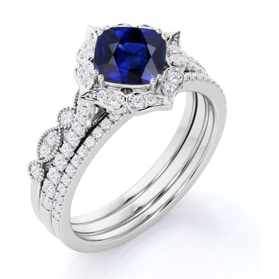JeenMata 2.25 Carat Cushion Cut Minimalist Sapphire Trio Ring Set in 18k White Gold over Silver