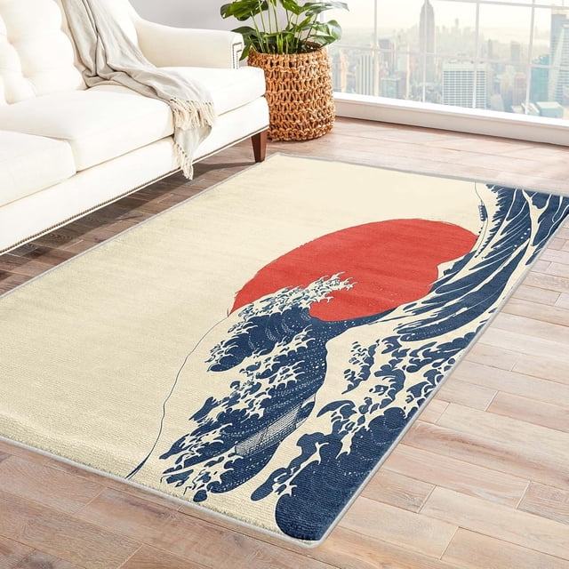 3x5 Rug, Great Wave Off Kanagawa Rug & Home Decor - Front Door Mat Indoor Entrance, Japanese Hokusai Rugs for Entryway, Washable Non Slip Soft Area Rug, Japan Style Carpet & Room Decorations X-&529
