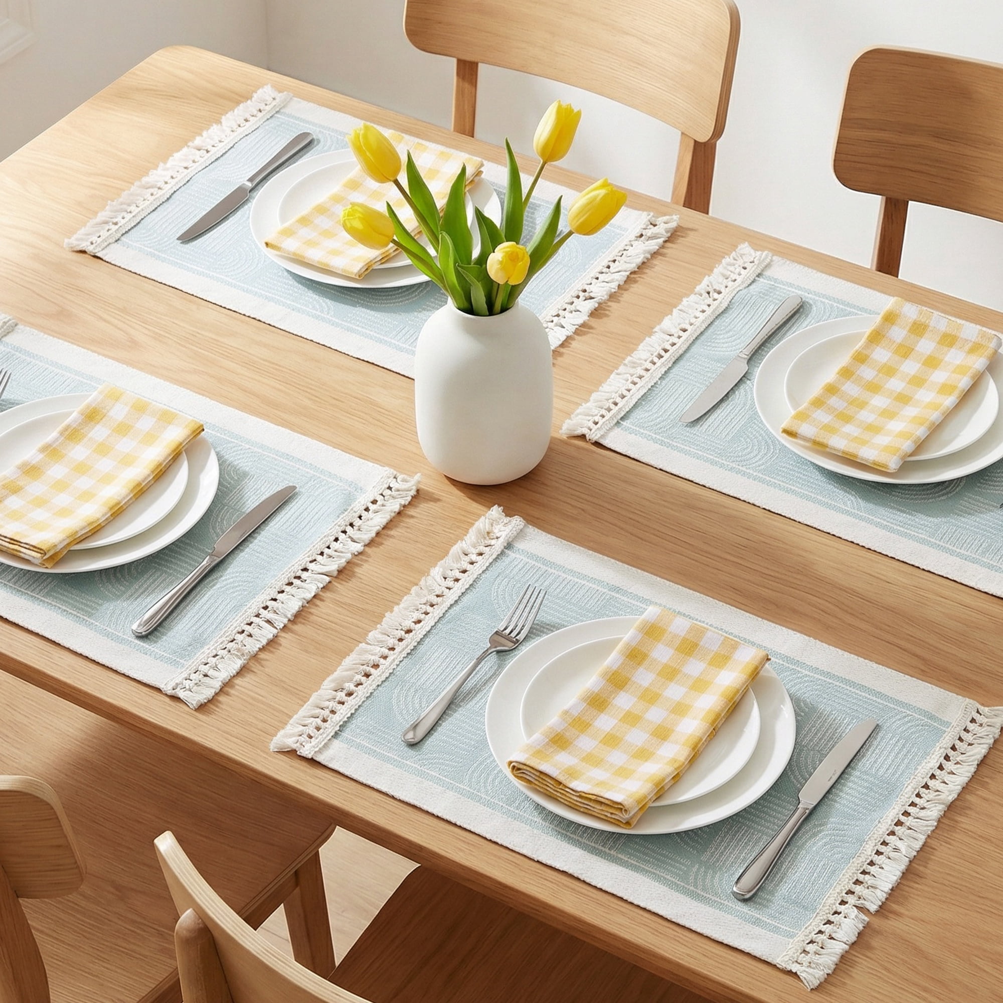 Unique Bargains Set of 4 Linen Farmhouse Placemats Green/White 17.7x13.8inch