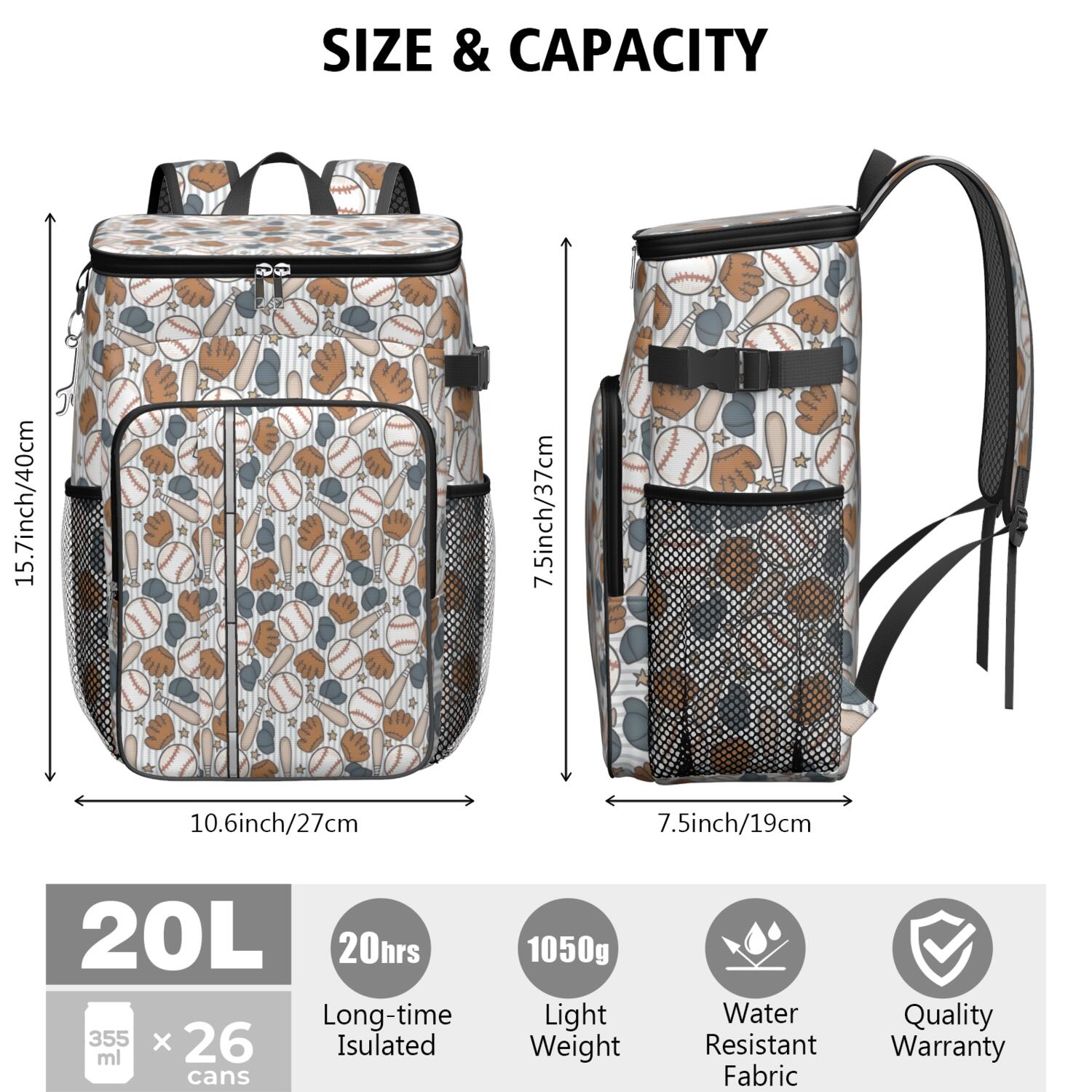 Travel Cooler Bag - Striped Baseball Items Pattern Camping Beer Cooler Backpack with Bottle Opener- Waterproof Insulated Picnic Backpacks - Cooler Bag for Beach